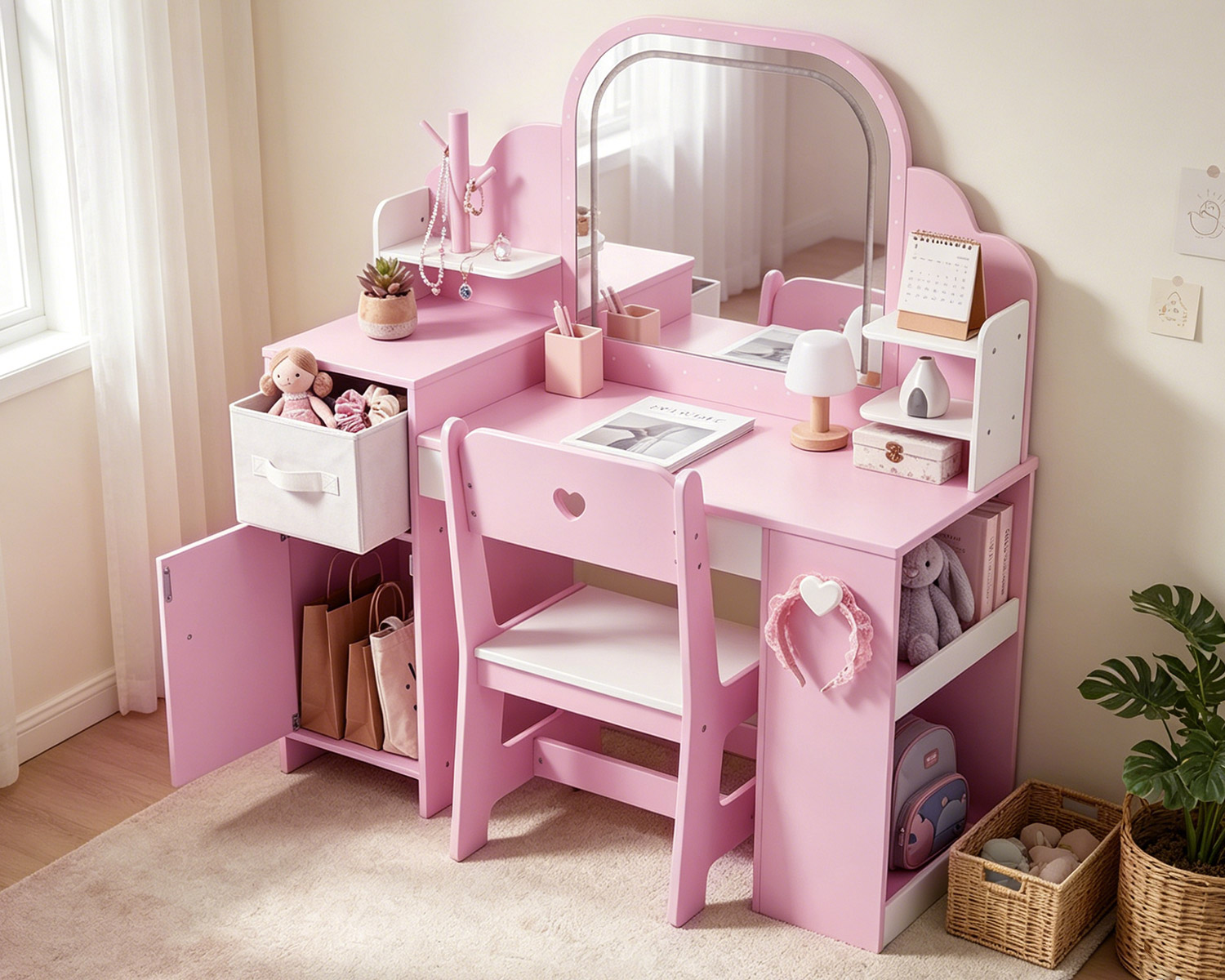Pink kids vanity set with LED mirror, storage cabinet and chair – Labebe children’s vanity desk